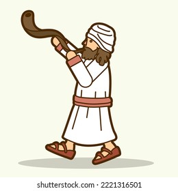 Jewish Blowing The Shofar Kudu Horn Cartoon Graphic Vector