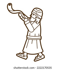 Jewish Blowing The Shofar Kudu Horn Cartoon Graphic Vector