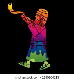 Jewish Blowing the Shofar Kudu Horn Cartoon Graphic Vector