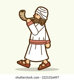 Jewish Blowing the Shofar Sheep Horn Cartoon Graphic Vector