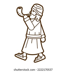Jewish Blowing the Shofar Sheep Horn Cartoon Graphic Vector