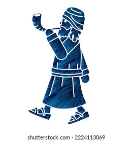 Jewish Blowing the Shofar Sheep Horn Cartoon Graphic Vector