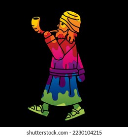 Jewish Blowing the Shofar Sheep Horn Cartoon Graphic Vector