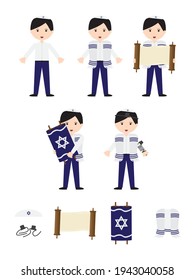 Jewish boy Bar Mitzvah set - Set of vector character with tallit, tefillin, kippah, Torah scroll on White background