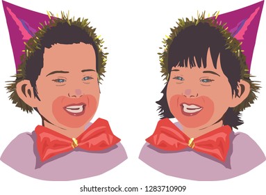 A Jewish boy and girl dressed as clowns on Purim. A drawing of two cute smiling children dressed as clowns. 