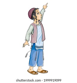 jewish boy in a kippah with dogs and tzitzit brushes pulls his hand up, isolated object on a white background, vector illustration, eps