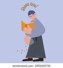 Jüdischer Junge in Kippah betet mit Buch und macht Taschlich Ritual auf Rosch Hashana Vektorillustration. Jüdisches Neujahr.