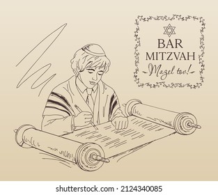 Jewish  boy reading Torah scroll on Bar Mitzvah ceremony. Hand drawing vector illustration