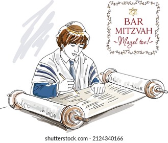 Jewish  boy reading Torah scroll on Bar Mitzvah ceremony. Hand drawing vector illustration