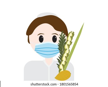 Jewish boy wearing Blue surgical face mask and holding Sukkot four species, on White background