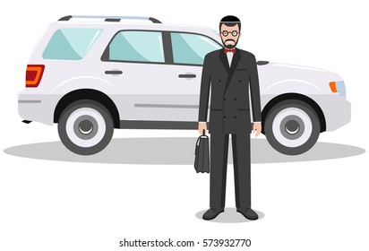 Jewish businessman standing near the car on white background in flat style. Business concept. Detailed illustration of automobile and judaic man. Flat design people character. Vector illustration.
