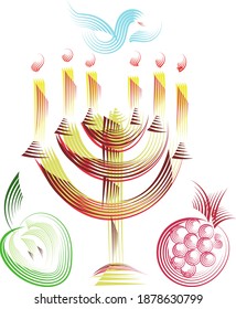 Jewish candle with apple and a pomegranate. Color illustration of jewish candle for design isolated on white background. 