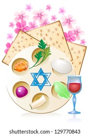 Jewish celebrate pesach passover with eggs, matzo,flowers and wine