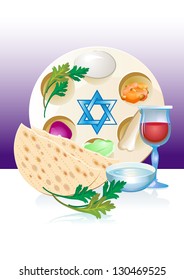 Jewish celebrate pesach passover with eggs, matzo,flowers and wine