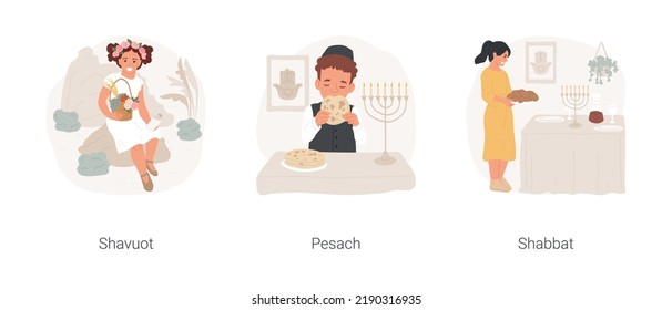 Jewish celebrations isolated cartoon vector illustration set. Shavuot celebration, girl holding basket with fruits, little boy eating matza on Pesach, Shabbat traditional meal vector cartoon.