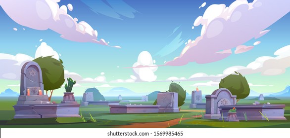 Jewish cemetery, graveyard tombstones with Star of David, Menorah symbols and rocks lying on graves. Stone tombs on green grass with cactus and trees around at day time. Cartoon vector illustration