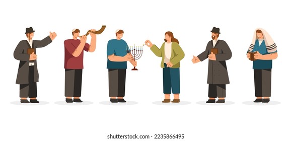 Jewish Character Set with Various Pose Vector Illustration. Jewish People Holding Candelabrum and Playing Shofar