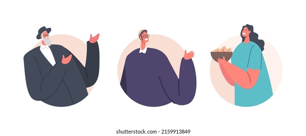 Jewish Characters Round Icons Isolated on White Background. Senior and Mature Men Wear Traditional Costume and Young Woman Holding Bowl with Traditional Israel Food. Cartoon People Vector Illustration