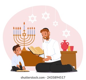 Jewish Child Boy Character Diligently Engage In Torah Study, Guided By Teacher, Immersing In The Sacred Teachings, Fostering A Deep Connection To Faith And Heritage. Cartoon People Vector Illustration