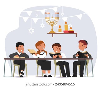 Jewish Children Characters Diligently Study Torah, Immersing Themselves In Sacred Texts To Learn Religious Teachings And Traditions With Reverence And Devotion. Cartoon People Vector Illustration