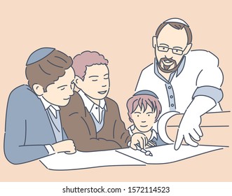 Jewish children study. Vector illustration