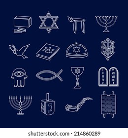 Jewish church traditional religious symbols outline icons set isolated vector illustration