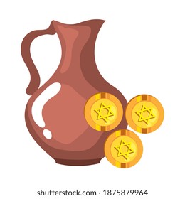 jewish coins with golden star hanukkah and teapot vector illustration design