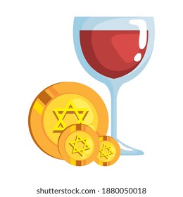 jewish coins with golden star hanukkah with wine cup vector illustration design