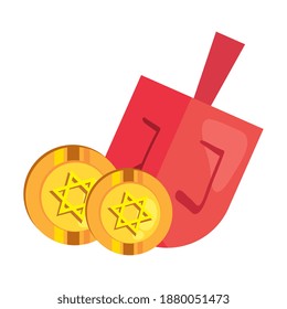 jewish coins with golden star hanukkah and dreidel vector illustration design