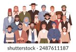 Jewish community portrait. Orthodox religious Jews in traditional attire, apparel, dressing. Hebrew Judaic people, men and women, unity together. Flat vector illustration isolated on white background