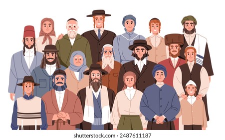 Jewish community portrait. Orthodox religious Jews in traditional attire, apparel, dressing. Hebrew Judaic people, men and women, unity together. Flat vector illustration isolated on white background