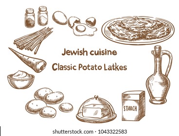 Jewish cuisine. Classic potato latkes ingredients. Vector sketch.