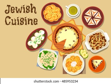 Jewish Cuisine Dinner Menu Icon Of Chickpea Falafel, Fish Pancake With Cheese, Gefilte Fish Balls, Meat Dumpling, Potato Casserole, Pancake Latke, Cottage Cheese Cake And Coconut Pyramid