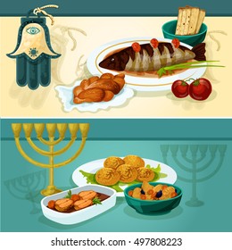 Jewish cuisine festive dinner banners with matzah and challah bread, gefilte fish, chickpea falafel, stuffed pike fish and lamb stew with hamsa hand amulet and menorah with candles