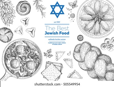 Jewish cuisine top view frame. Jewish food menu design. Kosher food. Vintage hand drawn sketch vector illustration. Linear graphic