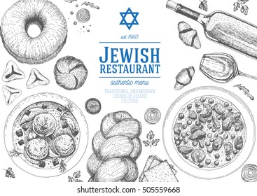 Jewish Cuisine Top View Frame. Jewish Food Menu Design. Kosher Food. Vintage Hand Drawn Sketch Vector Illustration. Linear Graphic