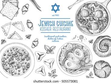 Jewish cuisine top view frame. Jewish food menu design. Kosher food. Vintage hand drawn sketch vector illustration. Linear graphic