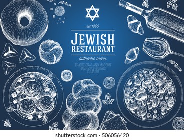 Jewish Cuisine Top View Frame. Jewish Food Menu Chalkboard Design. Kosher Food. Vintage Hand Drawn Sketch Vector Illustration. Linear Graphic