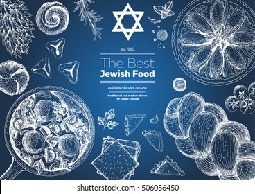 Jewish cuisine top view frame. Jewish food menu chalkboard design. Kosher food. Vintage hand drawn sketch vector illustration. Linear graphic