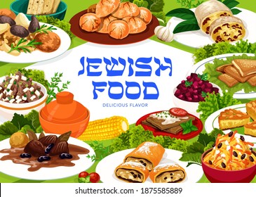 Jewish Cuisine vector busbus, strudel, sweet and sour beets, Jerusalem burekas and carrot tsimes. Cholent with potatoes, salad of eggs and giblets, macaroon ratafia, gefilte gelzile, esik fleish food