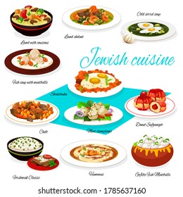 Jewish cuisine vector food of meatball fish soup, gefilte fish and hummus, eggs with vegetables, beef dumplings and lamb with couscous, forshmak, fruit donut and sorrel soup. Shabbat restaurant menu