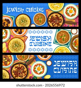 Jewish cuisine vector stuffed chicken breast, hummus, chicken noodle soup and shakshuka. Meatballs with tomato sauce, beef cholent or chickpea soup, lamb lentil stew with dried apricots Jerusalem food