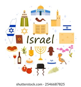 Elementos de la cultura judía y Lugares famosos famosos, bandera y mapa de Israel, símbolos del judaísmo en Anuncio de infografía redonda con título. Torá y hamsa, dreidel y falafel, Ilustración vectorial de dibujos animados de shofar