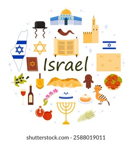 Jewish culture elements and famous landmarks, flag and map of Israel, Judaism symbols in round infographic banner with title. Torah and hamsa, dreidel and falafel, shofar cartoon vector illustration