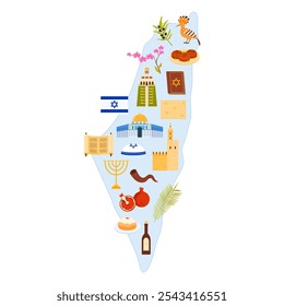 Jewish culture elements and flag of country, famous landmarks and food on Israel map. Dome of Rock and Shrine of Bab, Tower of David and Citadel, hoopoe and sufganiyot cartoon vector illustration