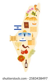 Jewish culture elements and flag of country, famous landmarks and food on Israel map. Dome of Rock and Shrine of Bab, Tower of David and Citadel, hoopoe and sufganiyot cartoon vector illustration