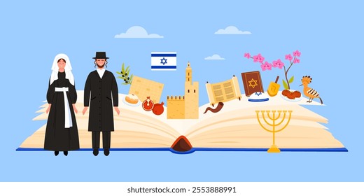 Jewish culture elements, symbols of Judaism religion and holidays of Israel study in infographic collage. Open guide book and Israeli people in traditional dress, landmarks cartoon vector illustration