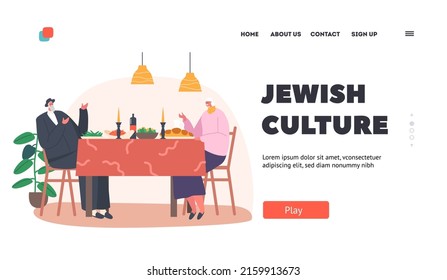 Jewish Culture Landing Page Template. Senior Couple Having Dinner At Home. Old Man And Woman Sit At Table With Meals And Candles, Traditional Israel Family Eating. Cartoon People Vector Illustration