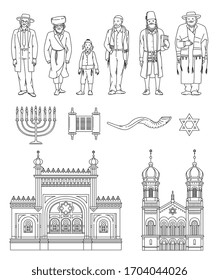 Jewish culture and religion symbols set with people, black outline vector illustration isolated on white background. Judaism traditional holidays and Israel state icons.