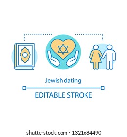 Jewish dating concept icon. Date by religion idea thin line illustration. Judaism romantic matchmaking. Religious, ethnical, cultural love search. Vector isolated outline drawing. Editable stroke